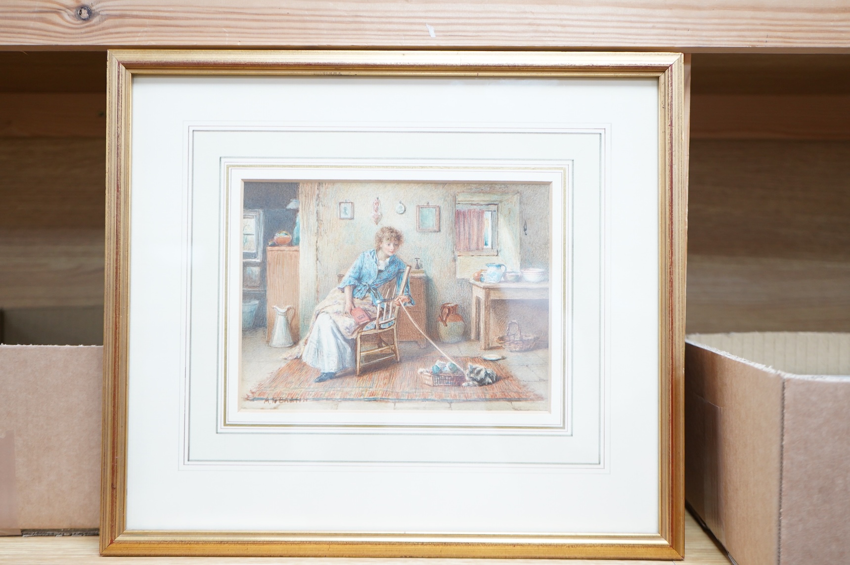 Alfred D Bastin (1849-1913), Interior scene with woman and cat, signed, watercolour, 14 x 18cm